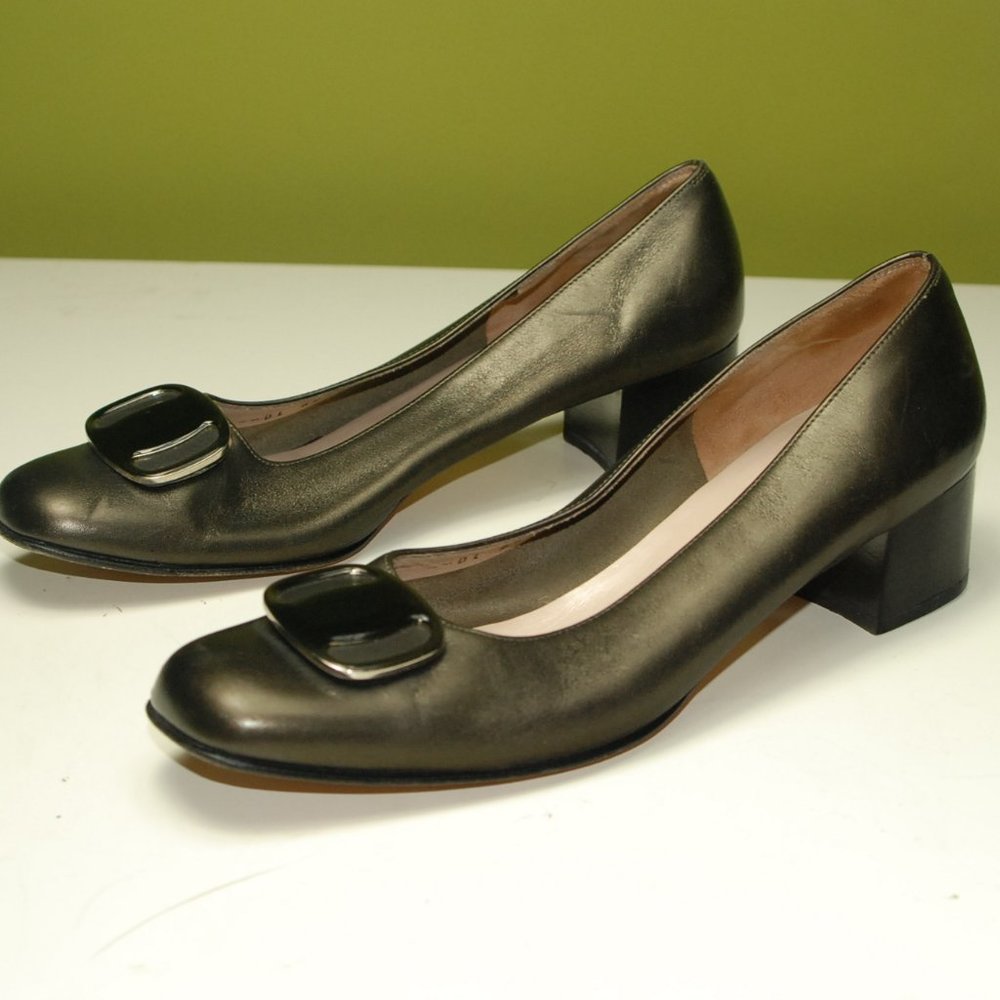 Salvatore Ferragamo  Leather Heels with Logo Plates on Top Front Size 7